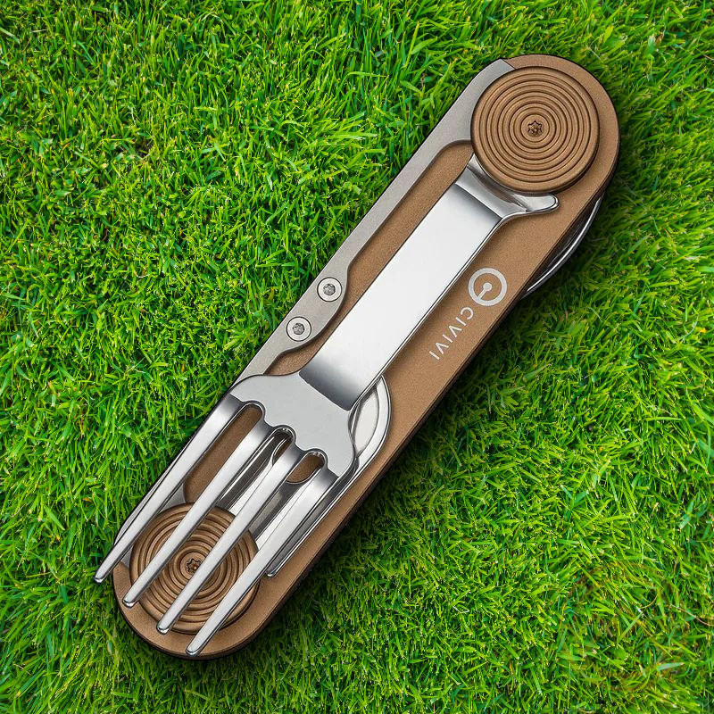 Civivi Partake Multitool Knife Fork Spoon Can Opener Brown Aluminum Handles