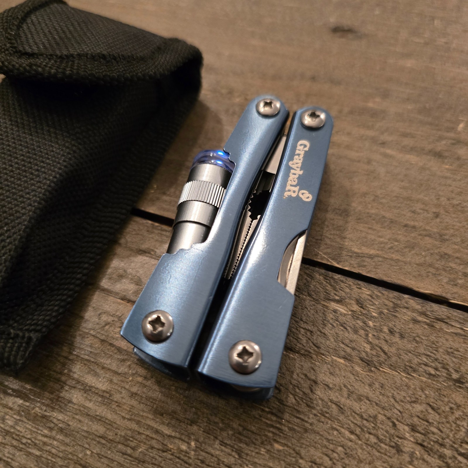 Graybar Multi Tool Pliers Blue Flash Light Knife Folding with Case