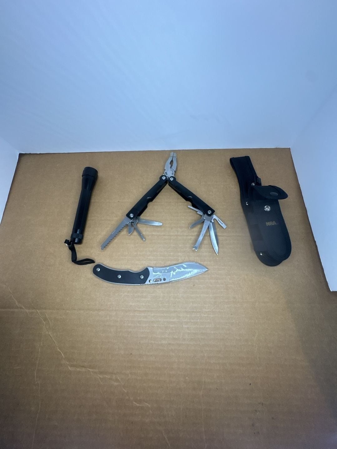 NRA 3-Piece Multi-Tool Knife and Flashlight Set with Nylon Belt Sheath