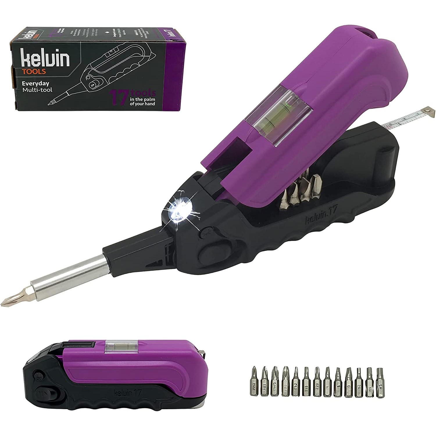 Kelvin Tools Kelvin 17 – The Everyday Multi-Tool with Flashlight, Purple/Black