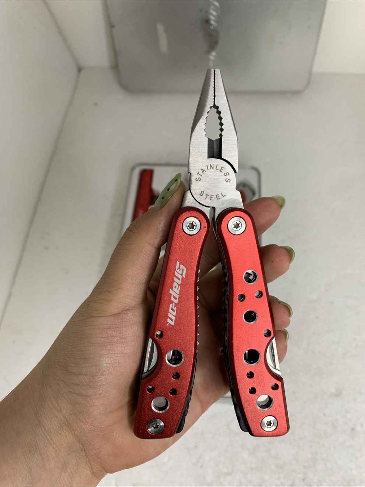 Snap On Tools 5 Pieces Stainless Steel Red Metal Multi Tools Missing Batteries