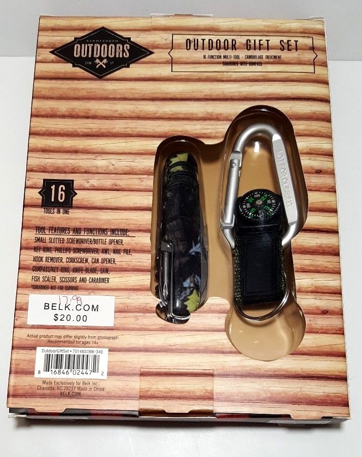 Saddlebred Outdoor 16 Multi Tool Gift Set Carabiner Compass Knife Key Ring Camo