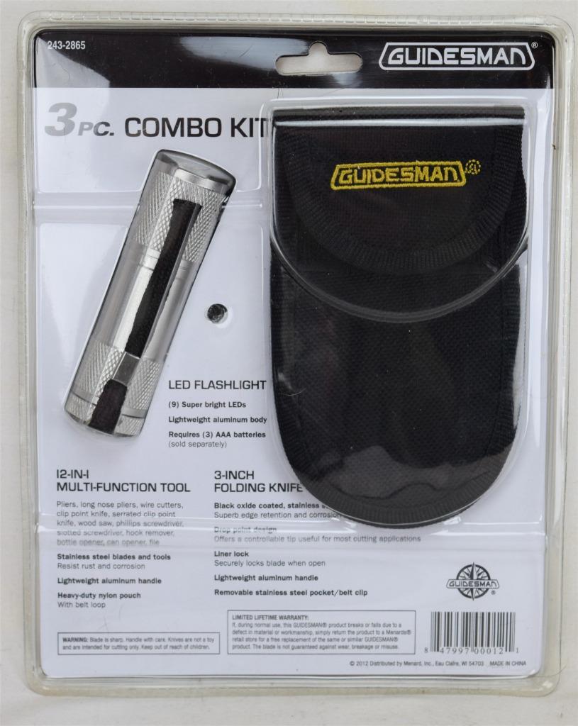 Guidesman 3 Pc. Combo Kit 12 In 1 Multi Tool w/Case Knife Flashlight NIP