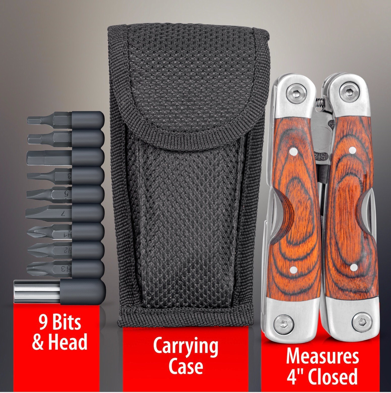 MAXAM Stainless Steel Multi-Tool With Wood Handle And Storage Pouch
