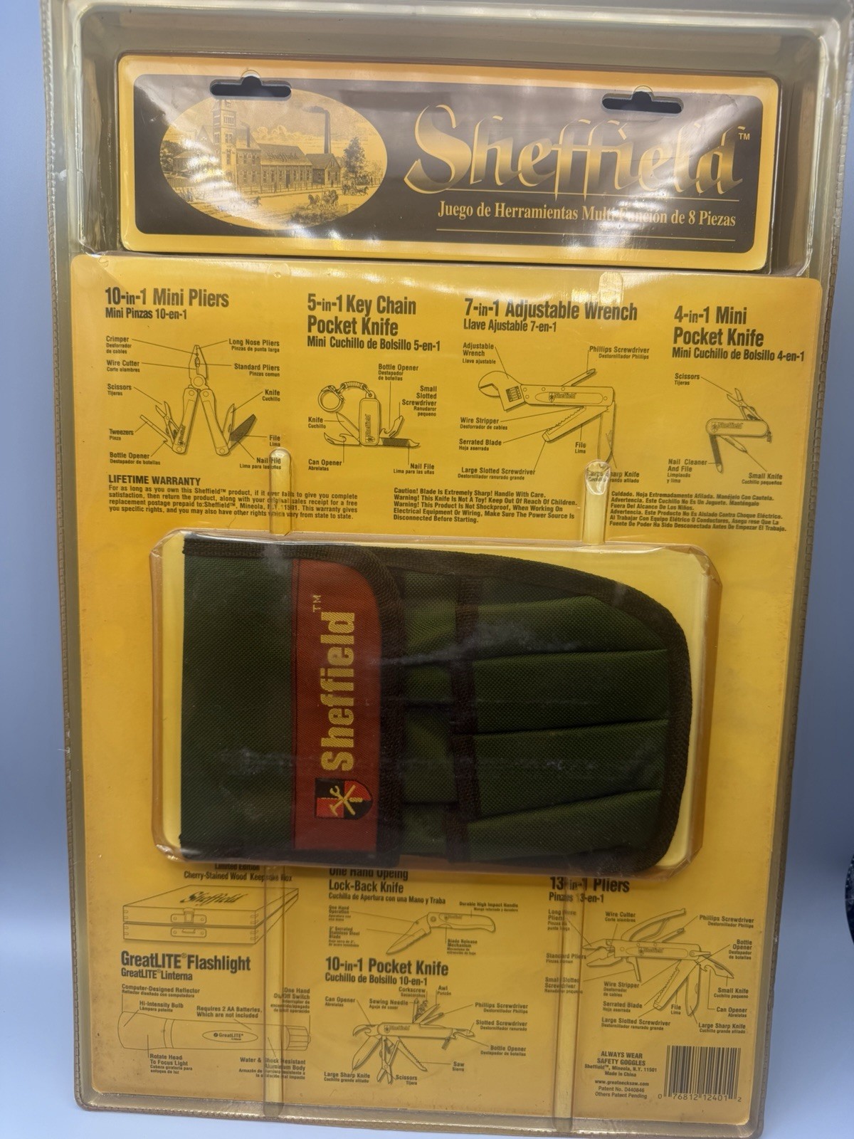 Sheffield 8 Pc Tool Kit Pocket Knife flashlight Pouch 12401 – New, Sealed W/ Box