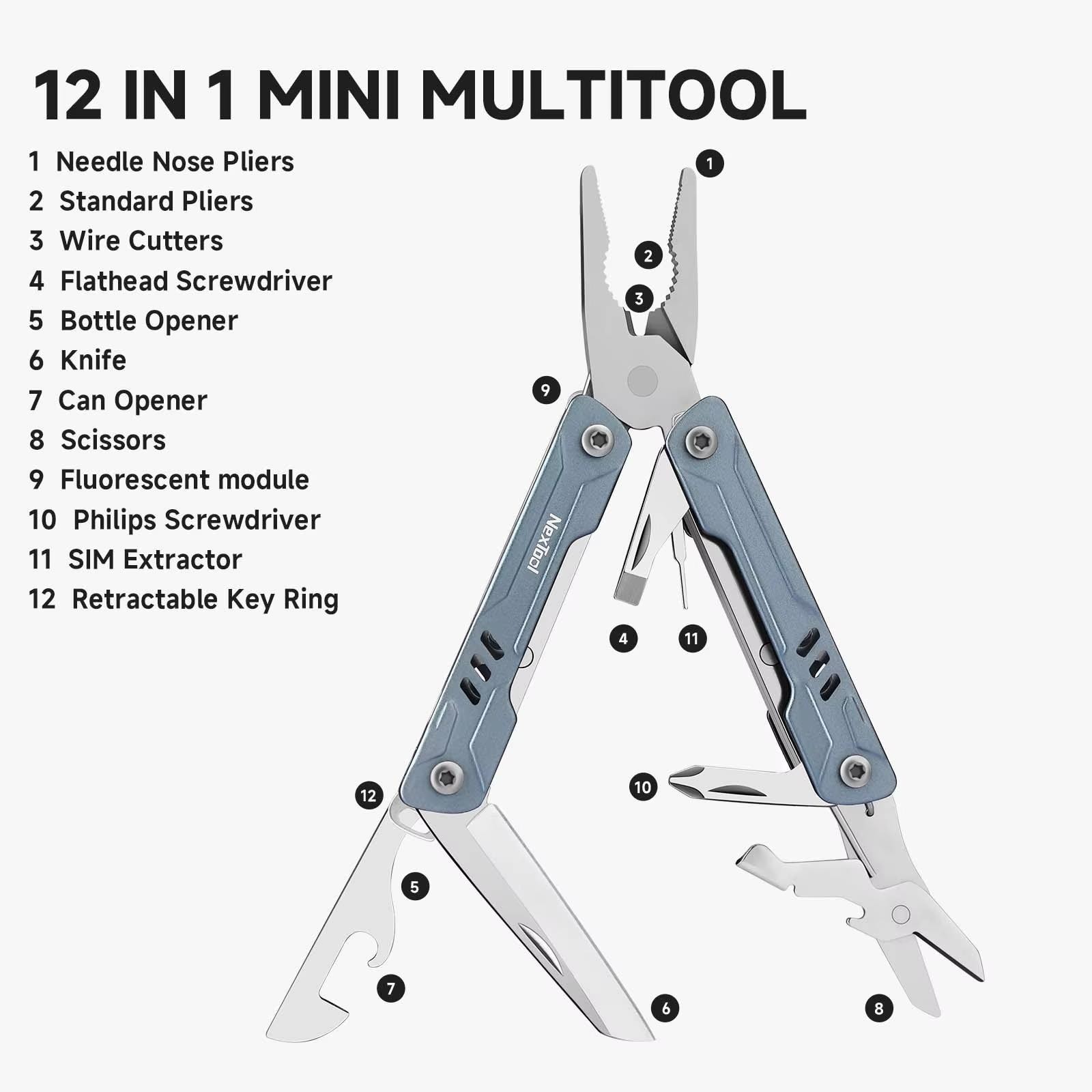Alicate multifuncional NexToo S11l Mini Sailor 11 en 1 EDC, (color negro)