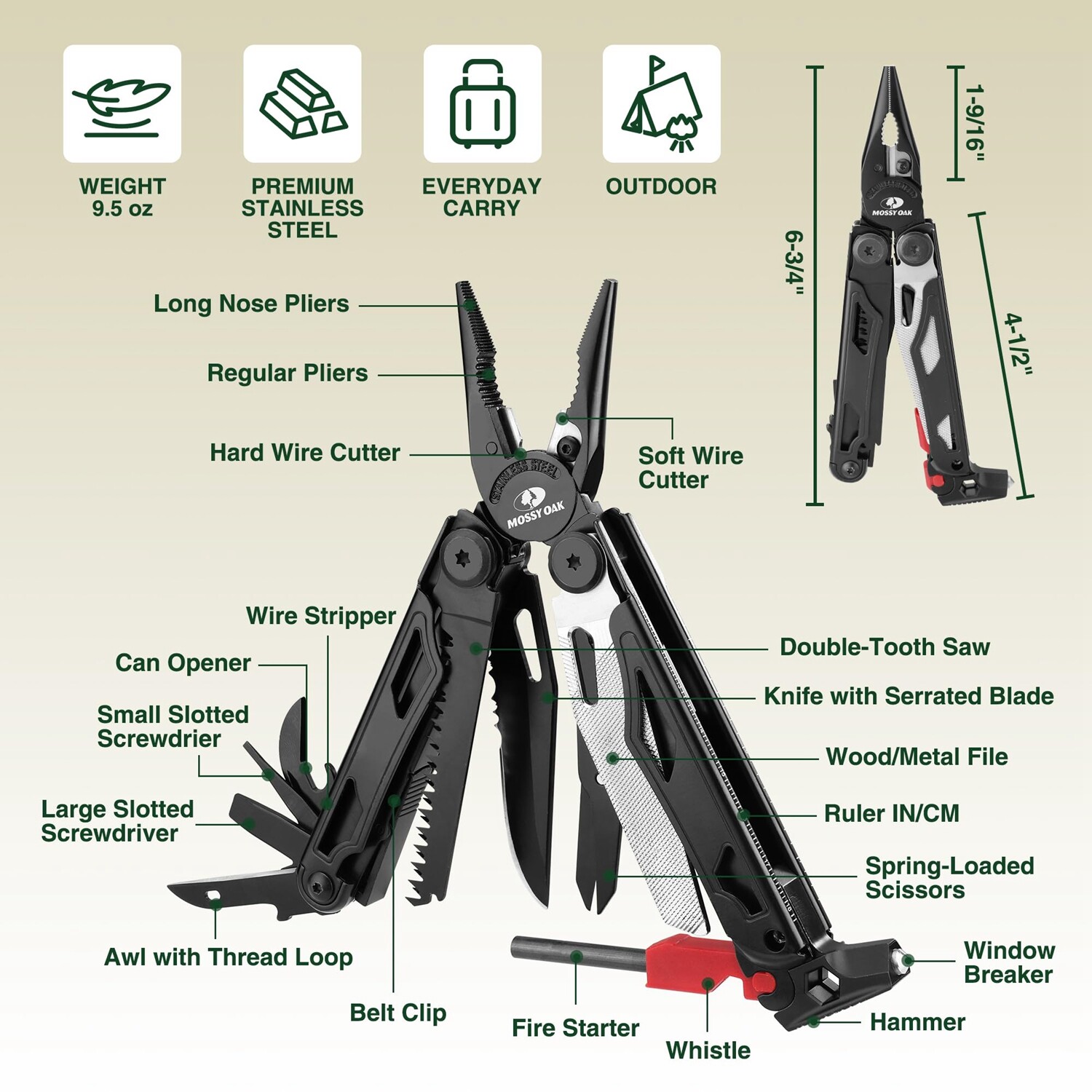 MOSSY OAK 19-in-1 Stainless Steel Multi Tool Plier Folding Pocket Survival Tools