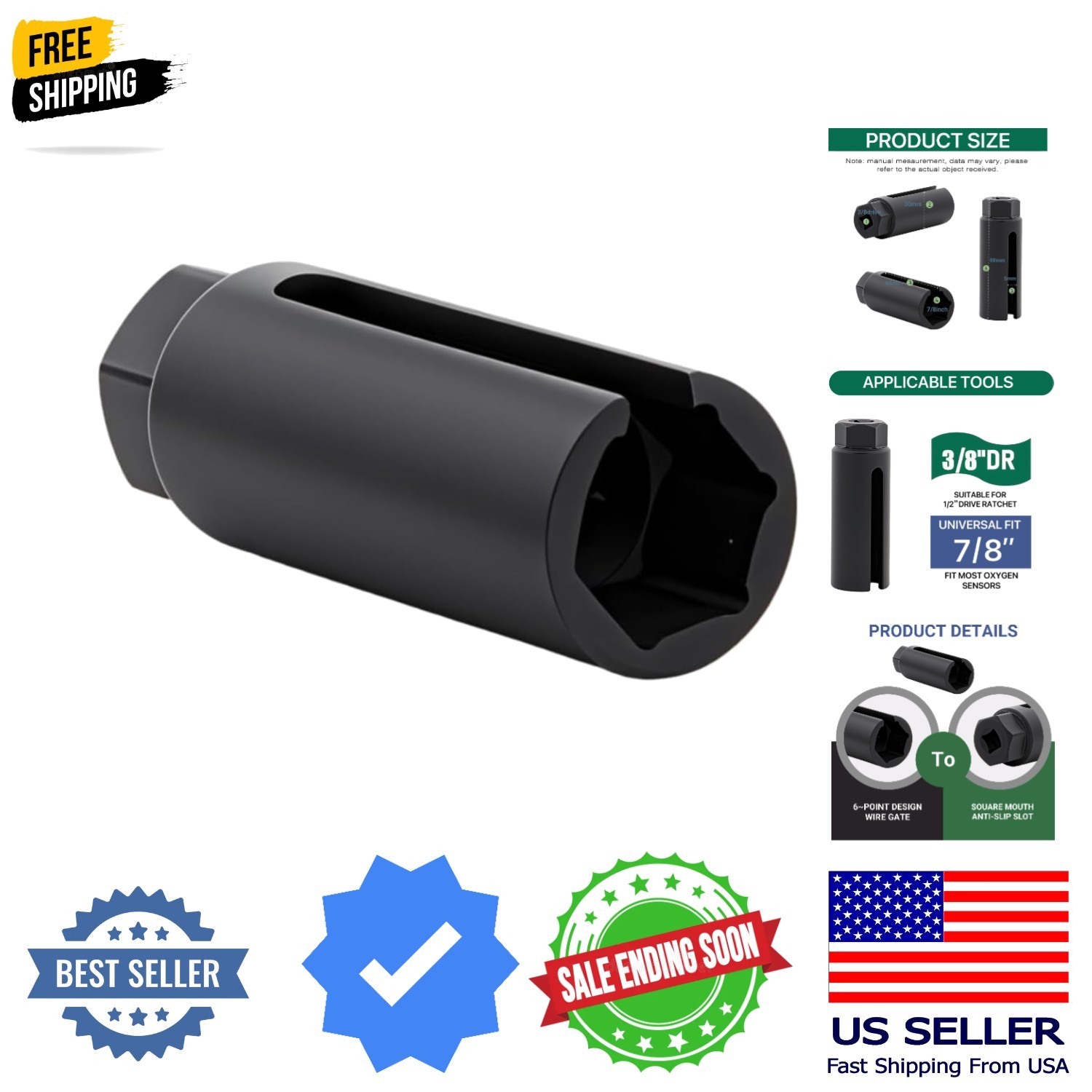 Oxygen Sensor Socket with Side Wire Cutout 3/8” Inch Drive x 7/8” 22mm fits A…