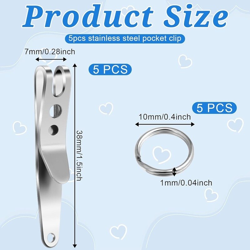 5 Pack Heavy Duty Stainless Steel Pocket Clip Keychain Multi-purpose Tool Clips