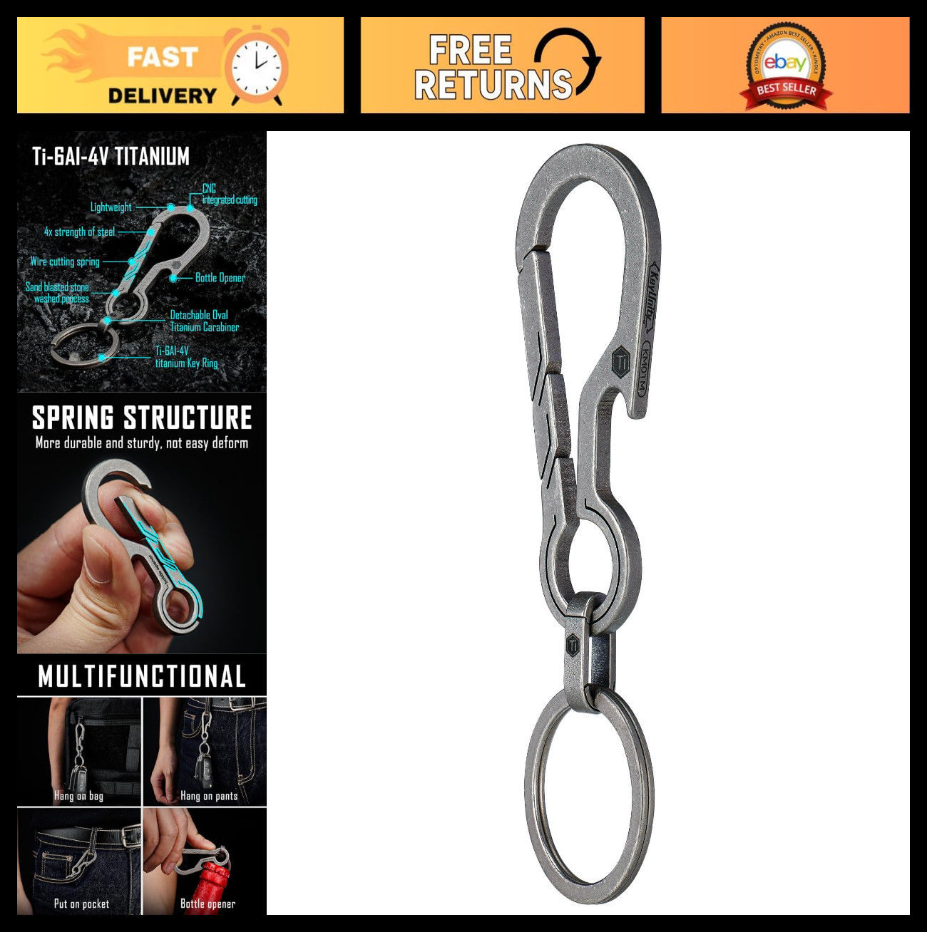 Titanium EDC Keychain Clip with Bottle Opener & Quick Release Carabiner Holder