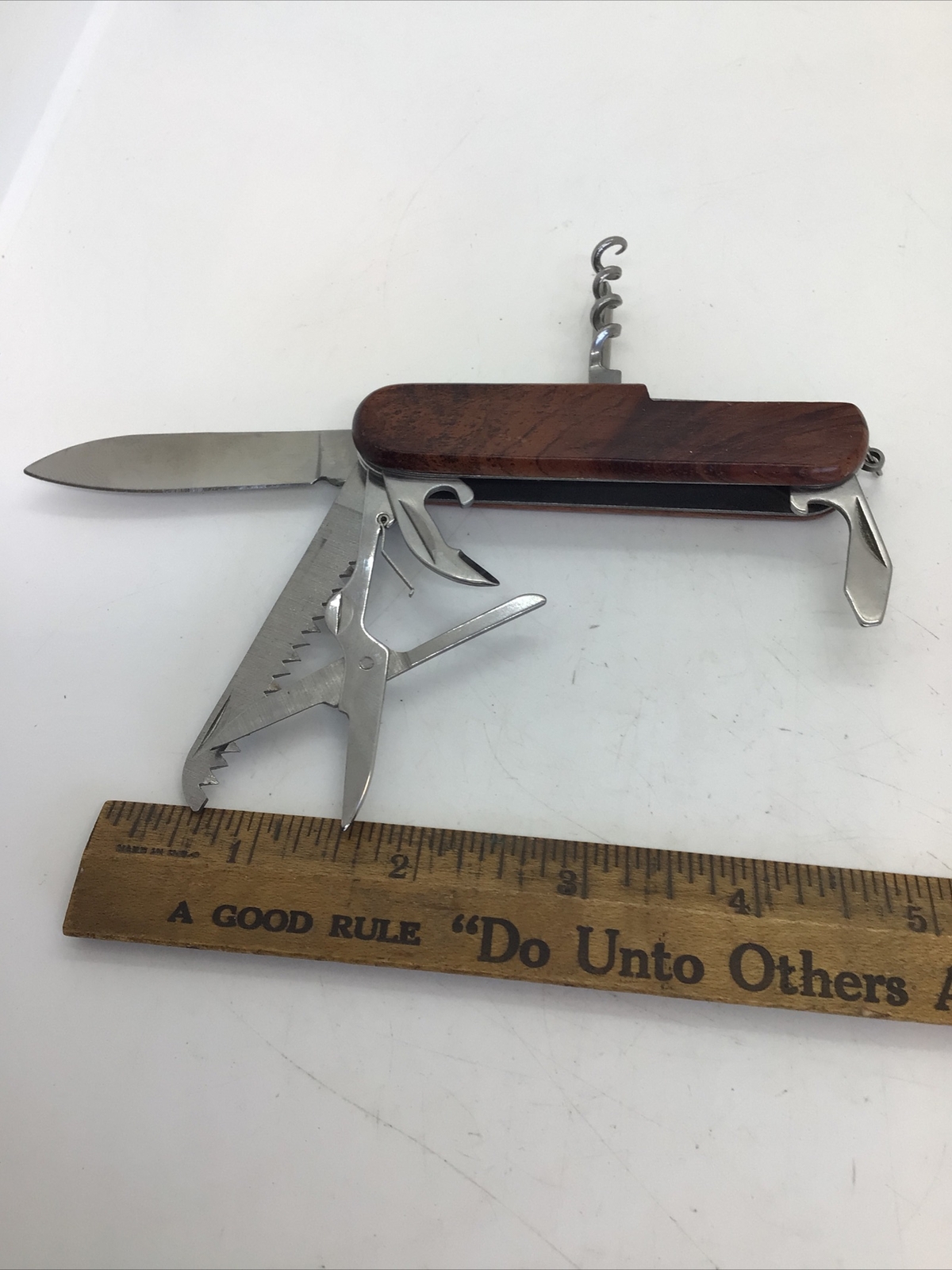 MULTI Function CAMPING TOOL KNIFE Swiss Army Style Wood Grain Engraved “WAYNE”