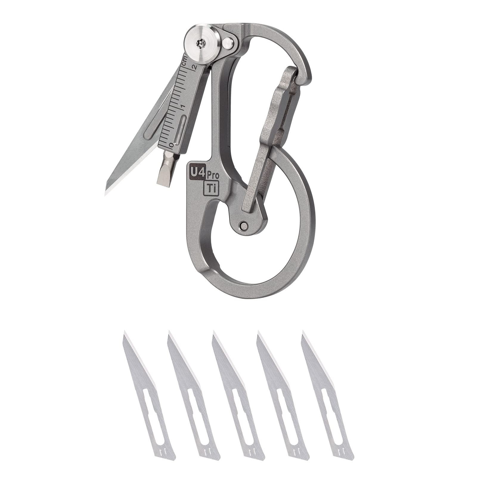 Titanium Carabiner Keychain Knife EDC Multitool Pocket Clip, Replaceable Blade,