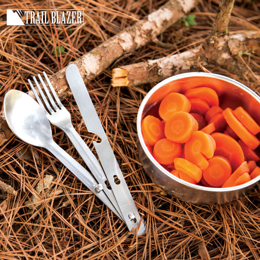TRAIL BLAZER 3pc CAMPING UTENSIL SET KNIFE FORK SPOON W/ CLEAR PLASTIC POUCH NEW