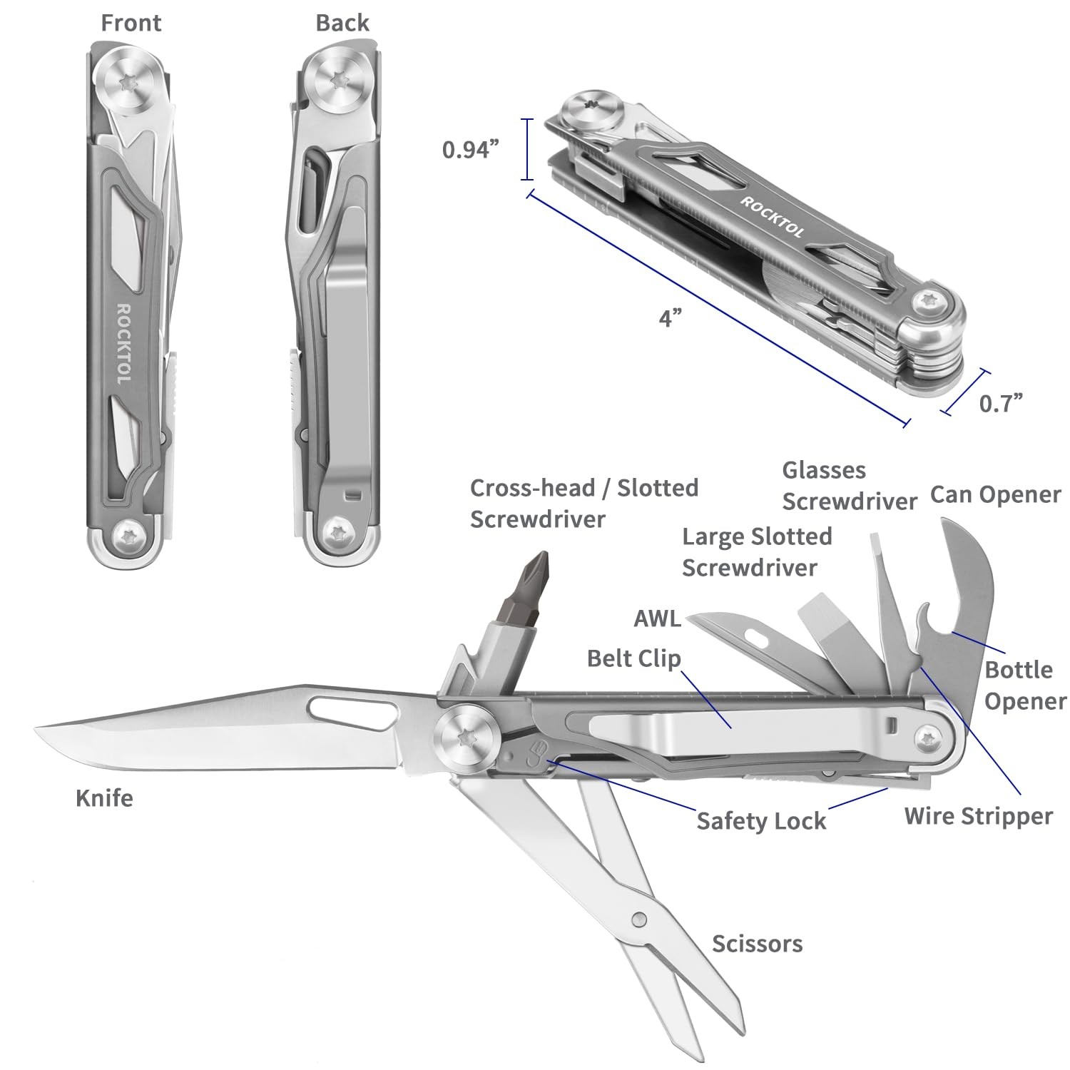 ROCKTOL Multitool Pocket Knife,12-in-1 Knife,Titanium-Plated Silver