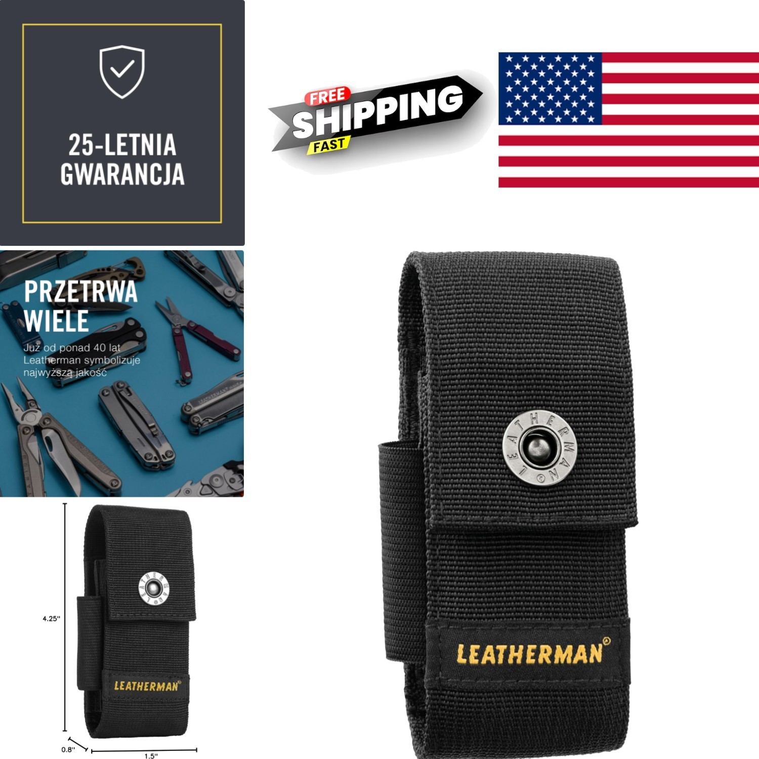 Black Nylon Snap Sheath for Multi Tools with Pockets and Reinforced Stitching