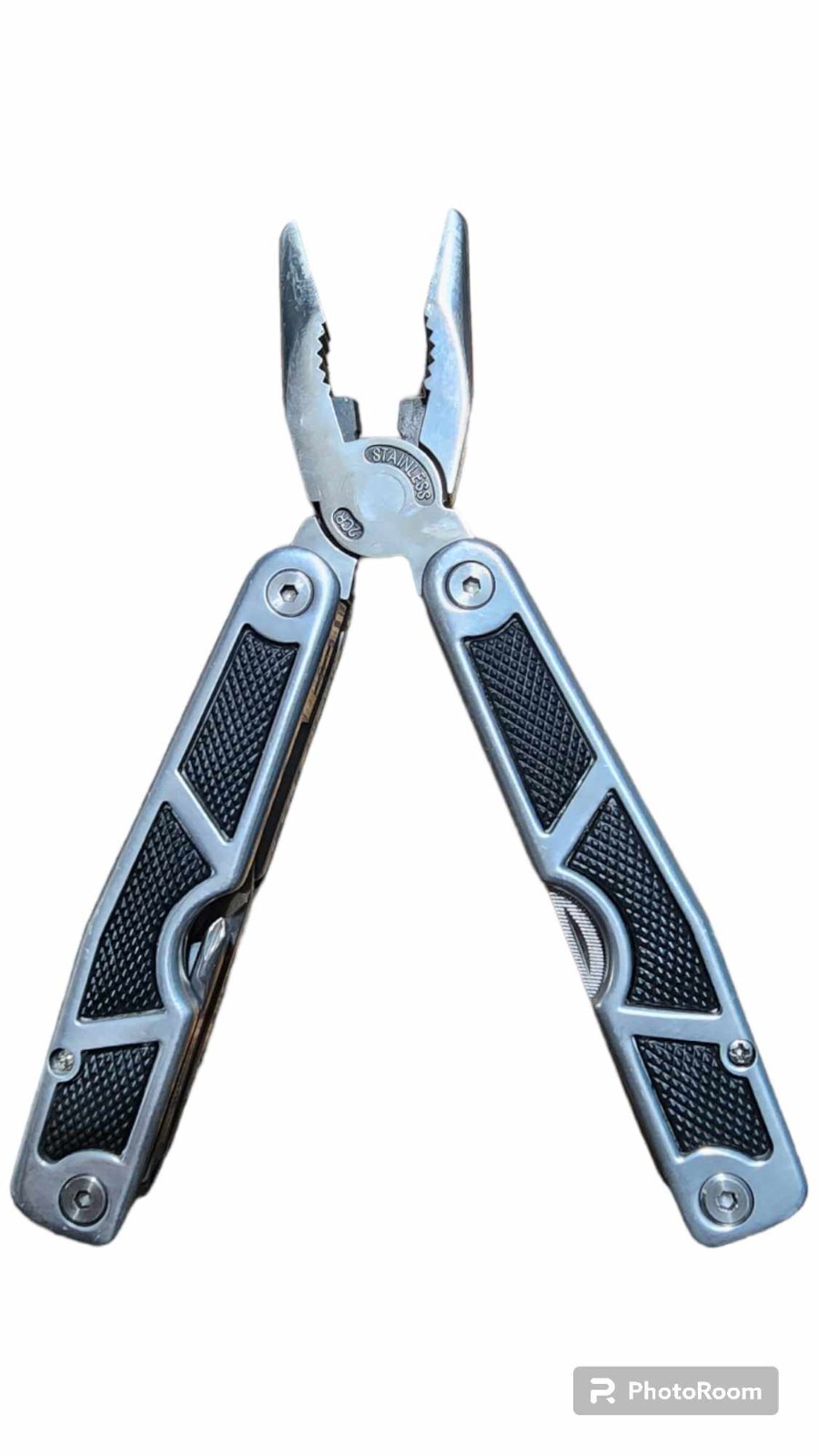 Multitool with Black Rubber Inserts in Handle Stainless Steel 10 tools with Case