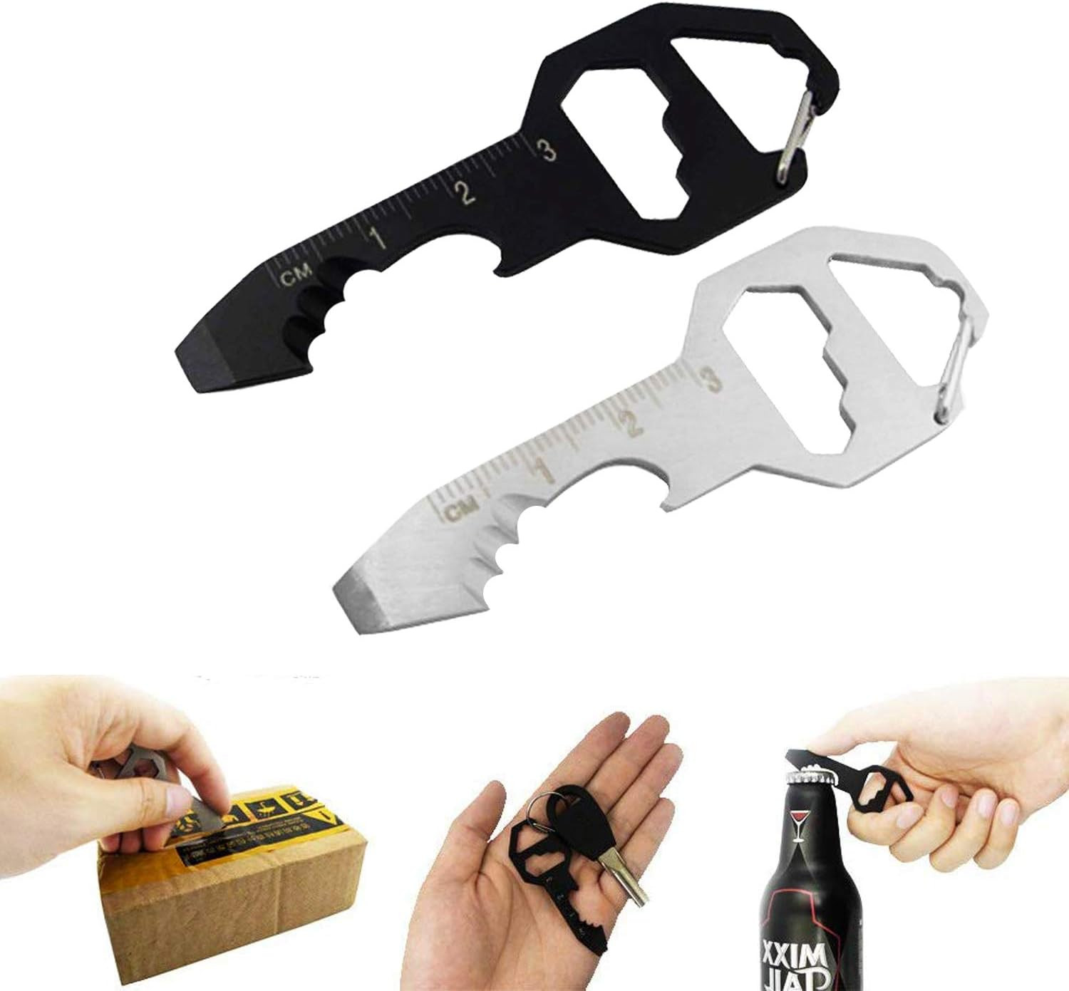 2PCS Keychain Bottle Opener Multi Tool, 100% Stainless Steel EDC Gadget, 6 Tools