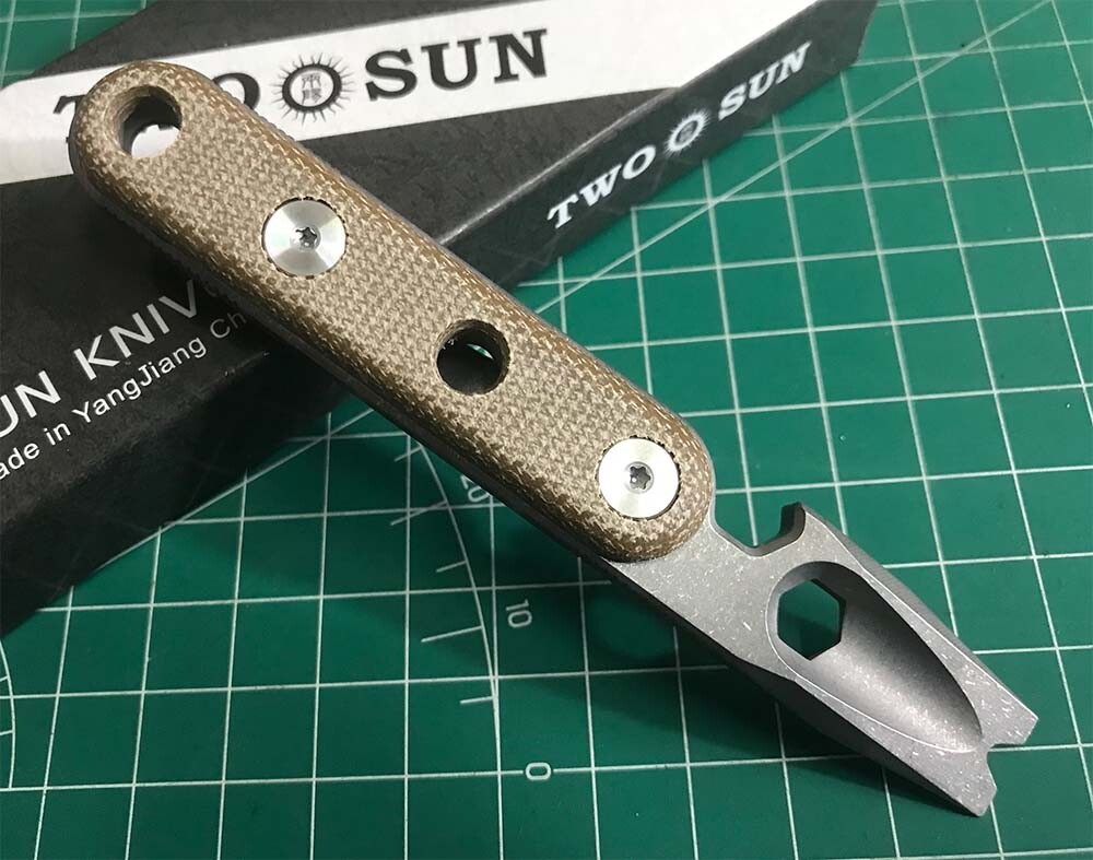 TWOSUN PRY Bar OPENER TOOL FLAME MICARTA TC4 TITANIUM BODY EDC StoneWash Gift