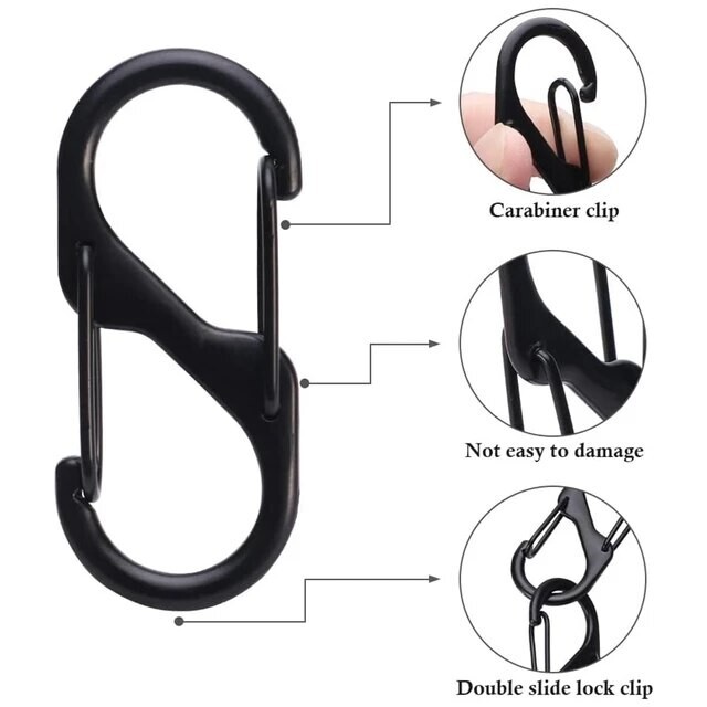 3 PCS Stainless Steel S Type Carabiner 2.43 inch Black, Lock Mini Keychain Hook