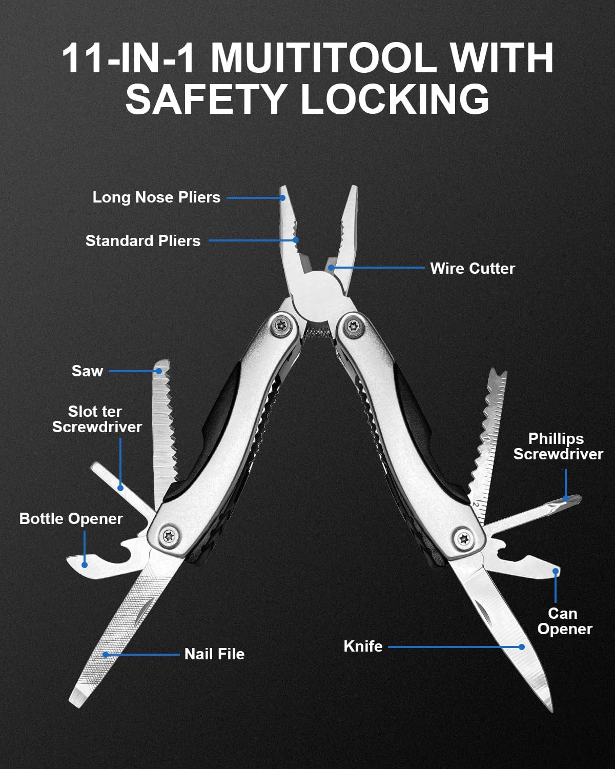 11-In-1 Multitool Pliers – Stainless Steel Pocket Knife with Pliers, Screwdriver