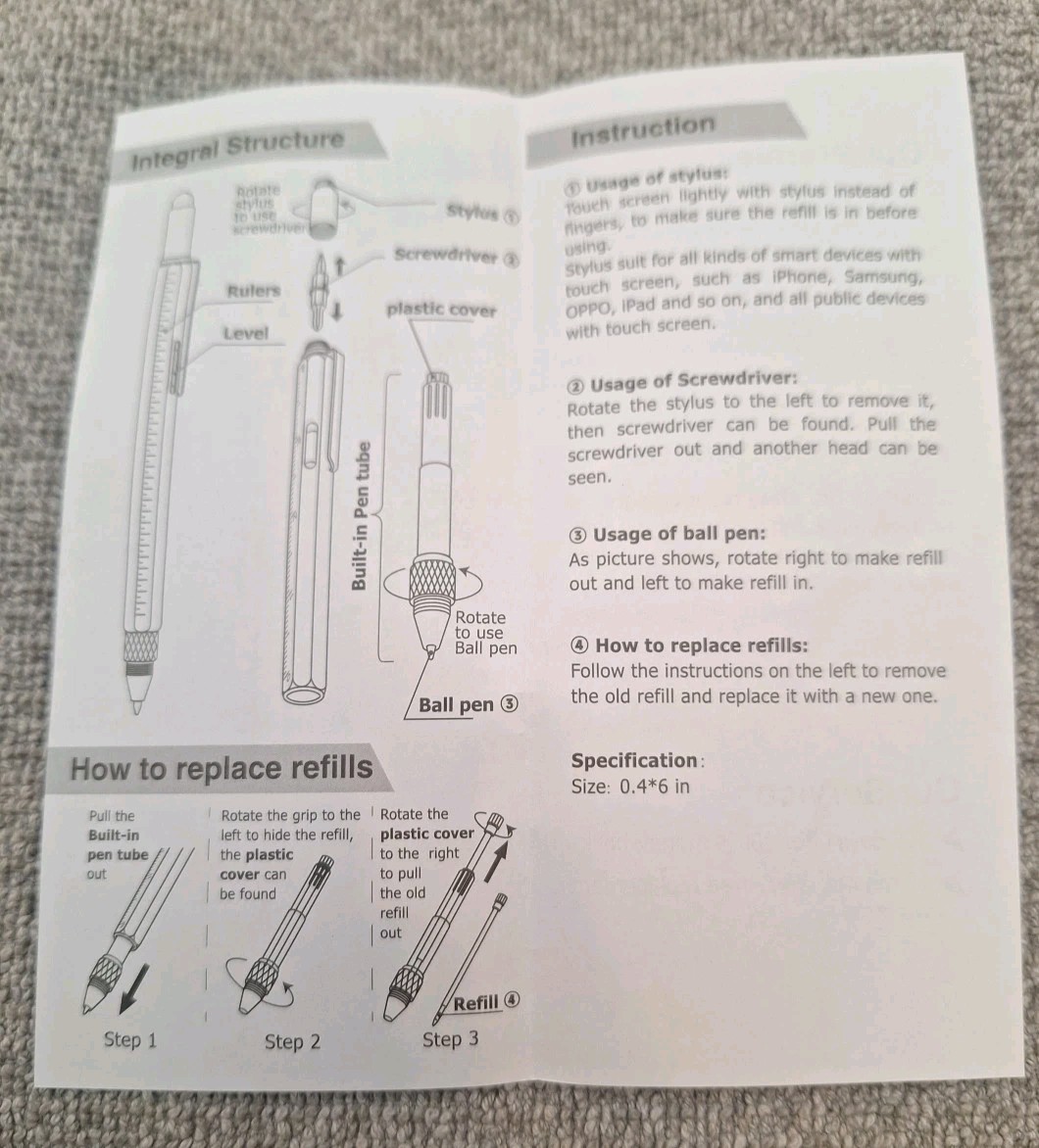 Multitool Pen 6 in 1 Tools Pen-Stylist-Ruler-Bubble Level-Philips & Flathead SD