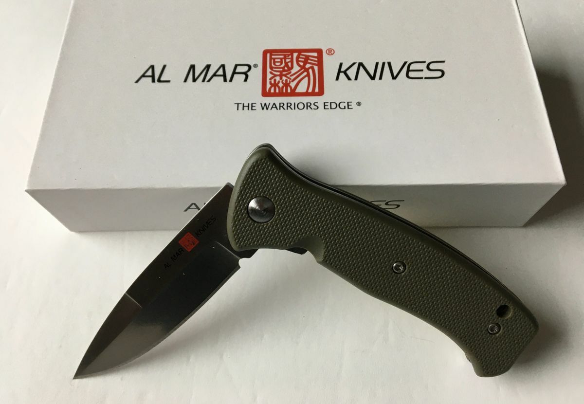 Al Mar Mini SERE 2020 Folding Knife 3″ 8Cr13MoV Steel Blade Green FRN Handle