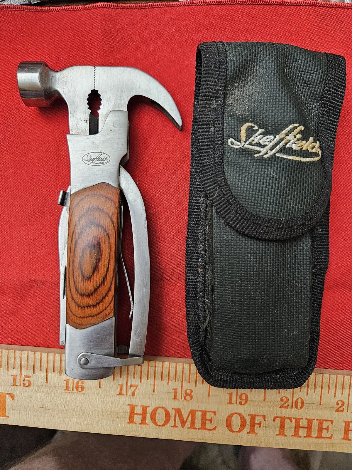 Vtg Sheffield Multi-Tool With Original Case Hammer Pliers Can Opener & More