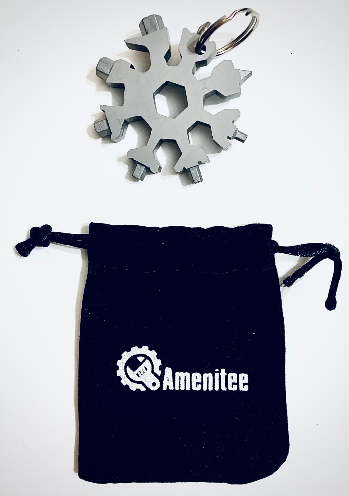 Amenitee Snowflake Multi-tool Key Ring – stainless steel, with drawstring bag