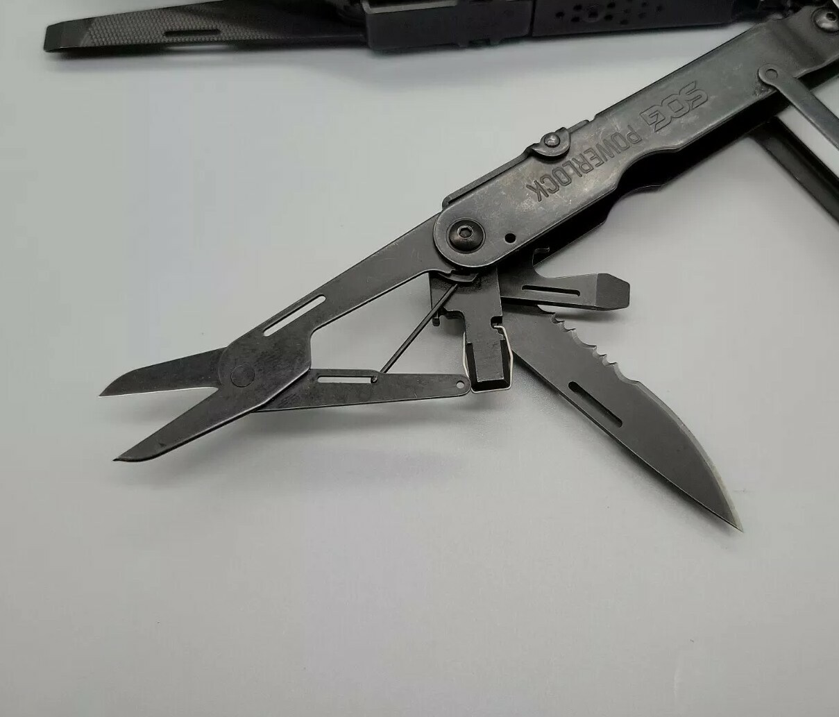 SOG PowerLock Multitool Black Oxide Combo Knife Scissors Saw File