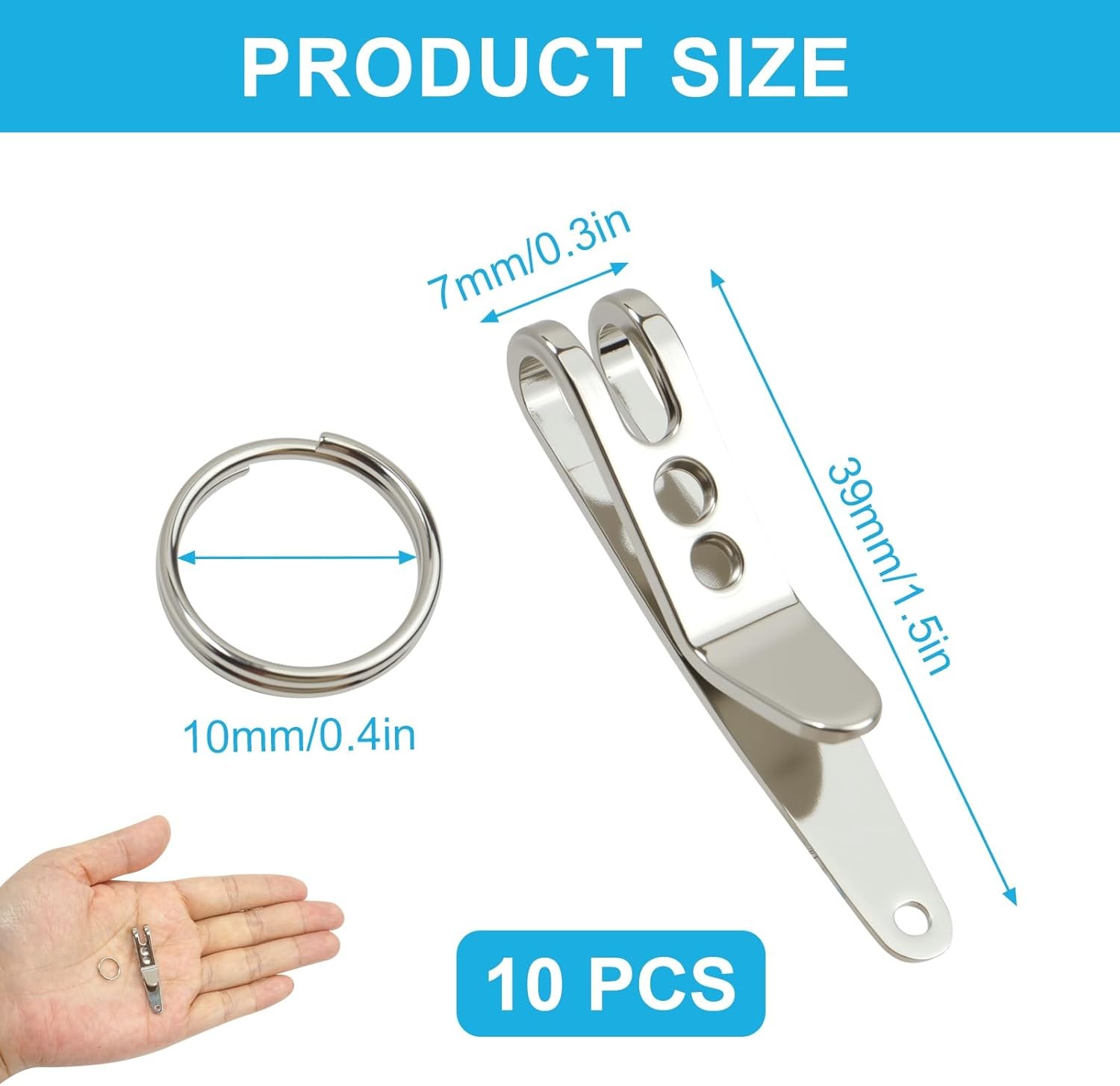 10-Pack Stainless Steel Deep Carry Pocket Clips with Key Rings for EDC & Gear