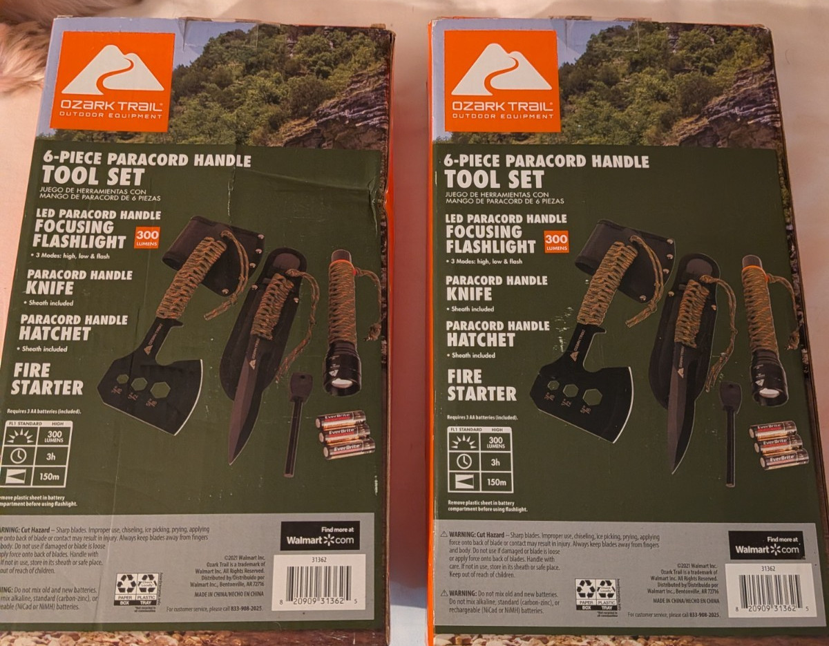 2 – Ozark Trail 6 pc Paracord Handle Camping Knife Hatchet Flashlight – BOGO