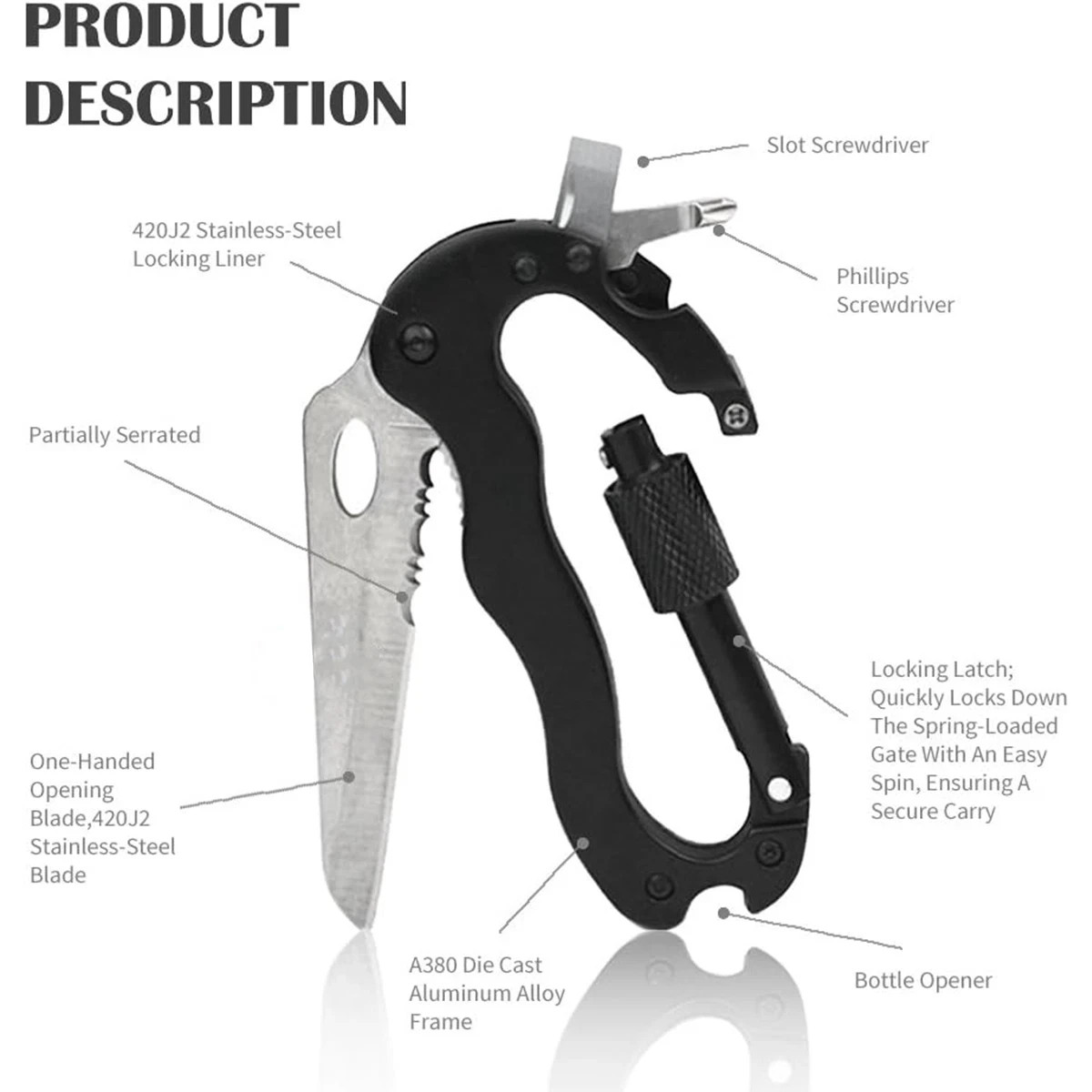 Multitool Carabiner with Pocket Knife Keychain Clip Screwdriver Bottle Opener US