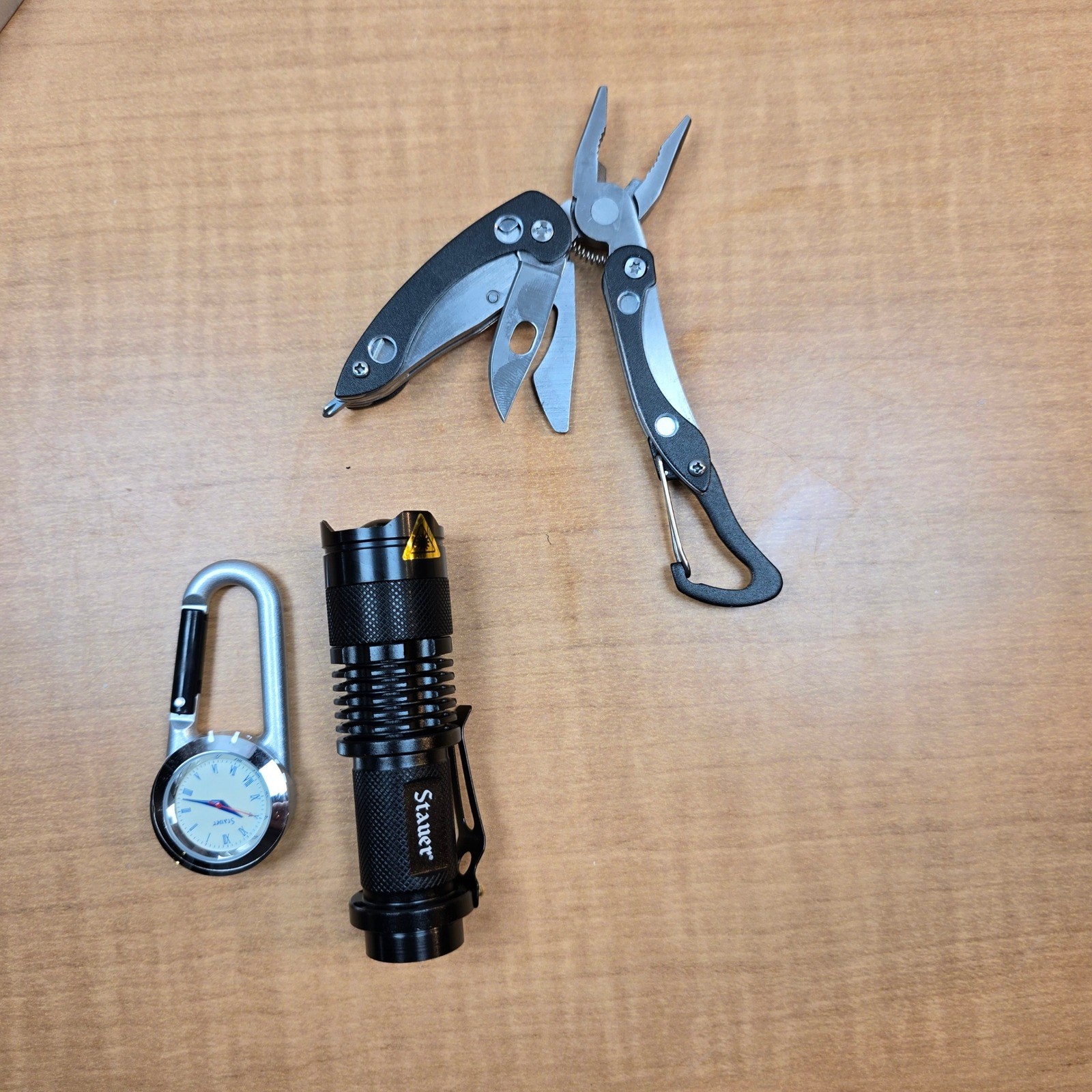 Stauer Gift Set Carabiner Watch+Flashlight+Multitool Knife pliers screwdriver