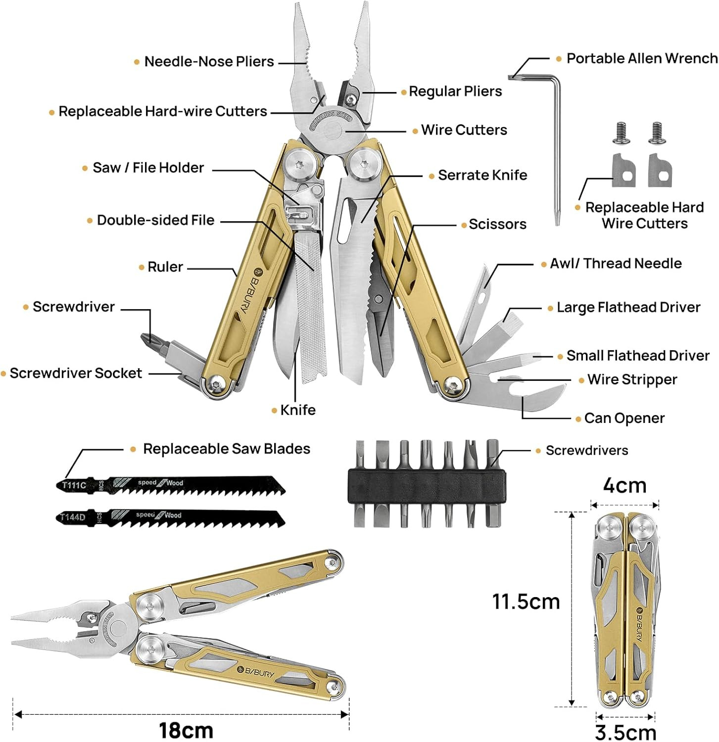 Multitool Pliers Pro BI2045, 31-In-1 Stainless Steel Multi Tool with Replaceable