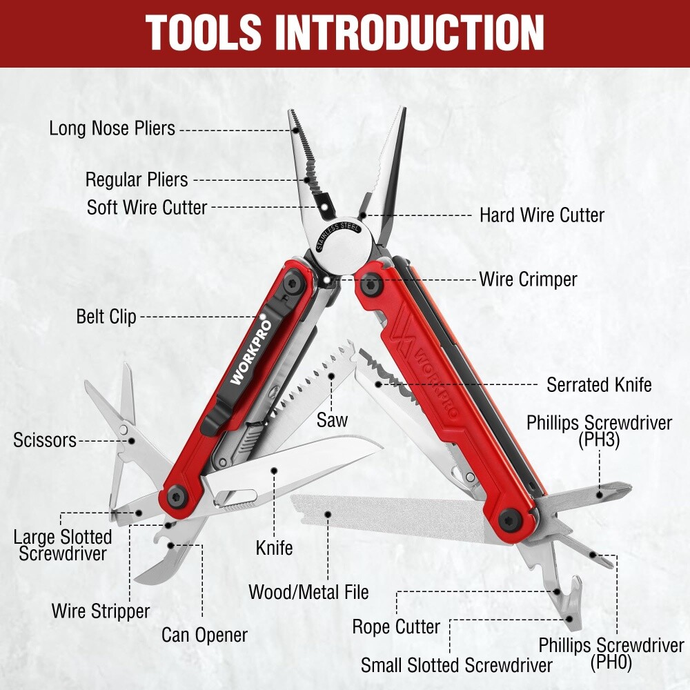 WORKPRO 18-in-1 Folding Multitool Pliers Stainless Steel Multi Tool Pocket Knife