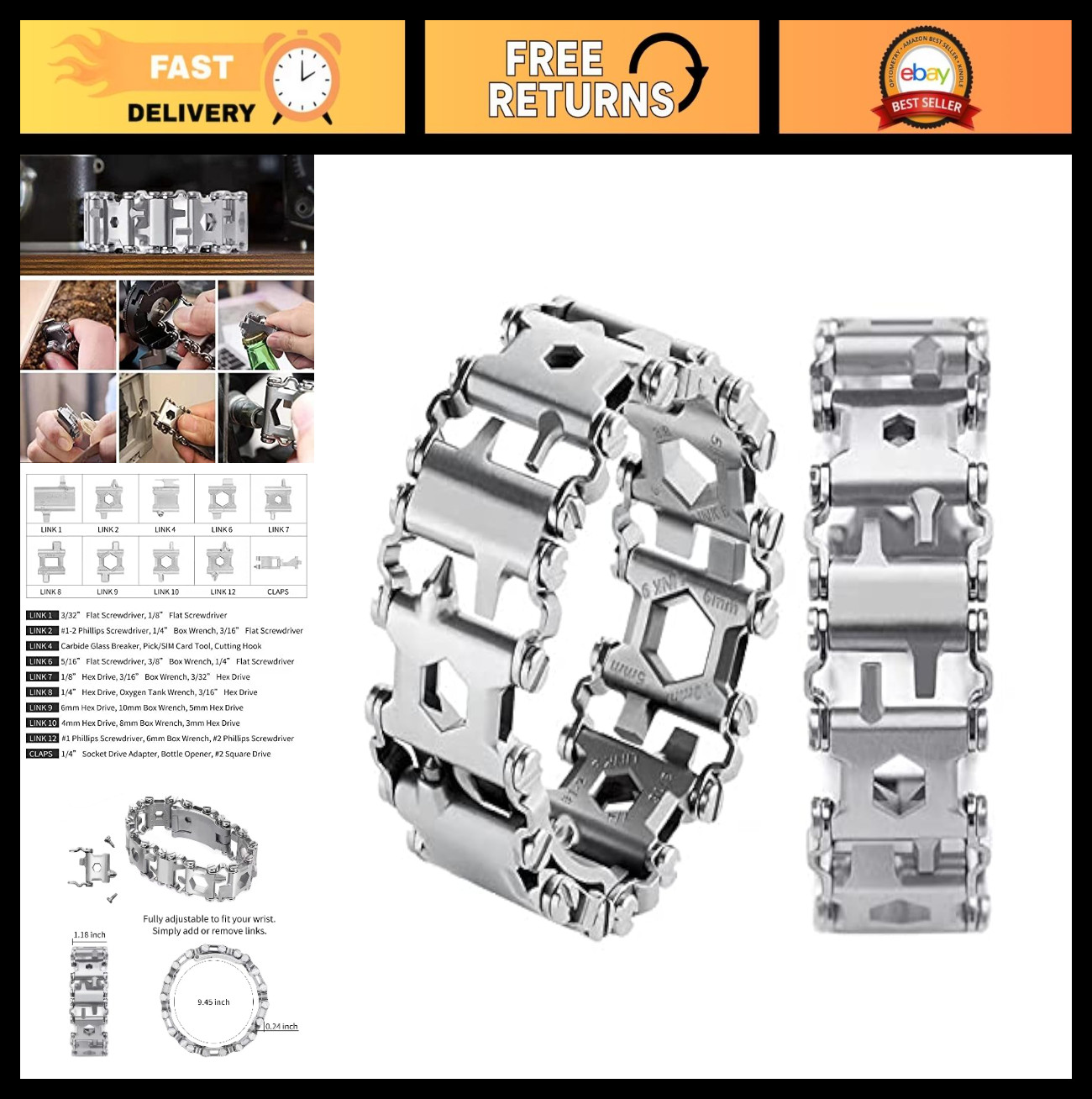 29-in-1 Multitool Bracelet for Men & Women – Stainless Steel Survival Wristband