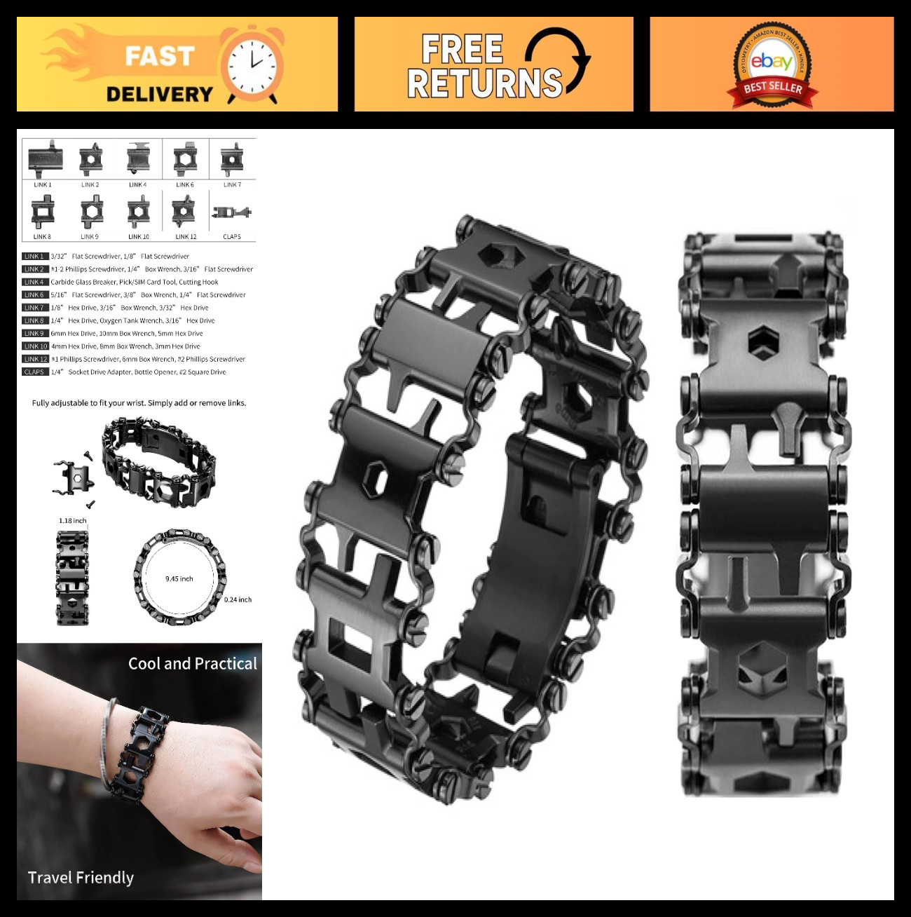 29-in-1 Multitool Bracelet for Men & Women – Stainless Steel Survival Wristband