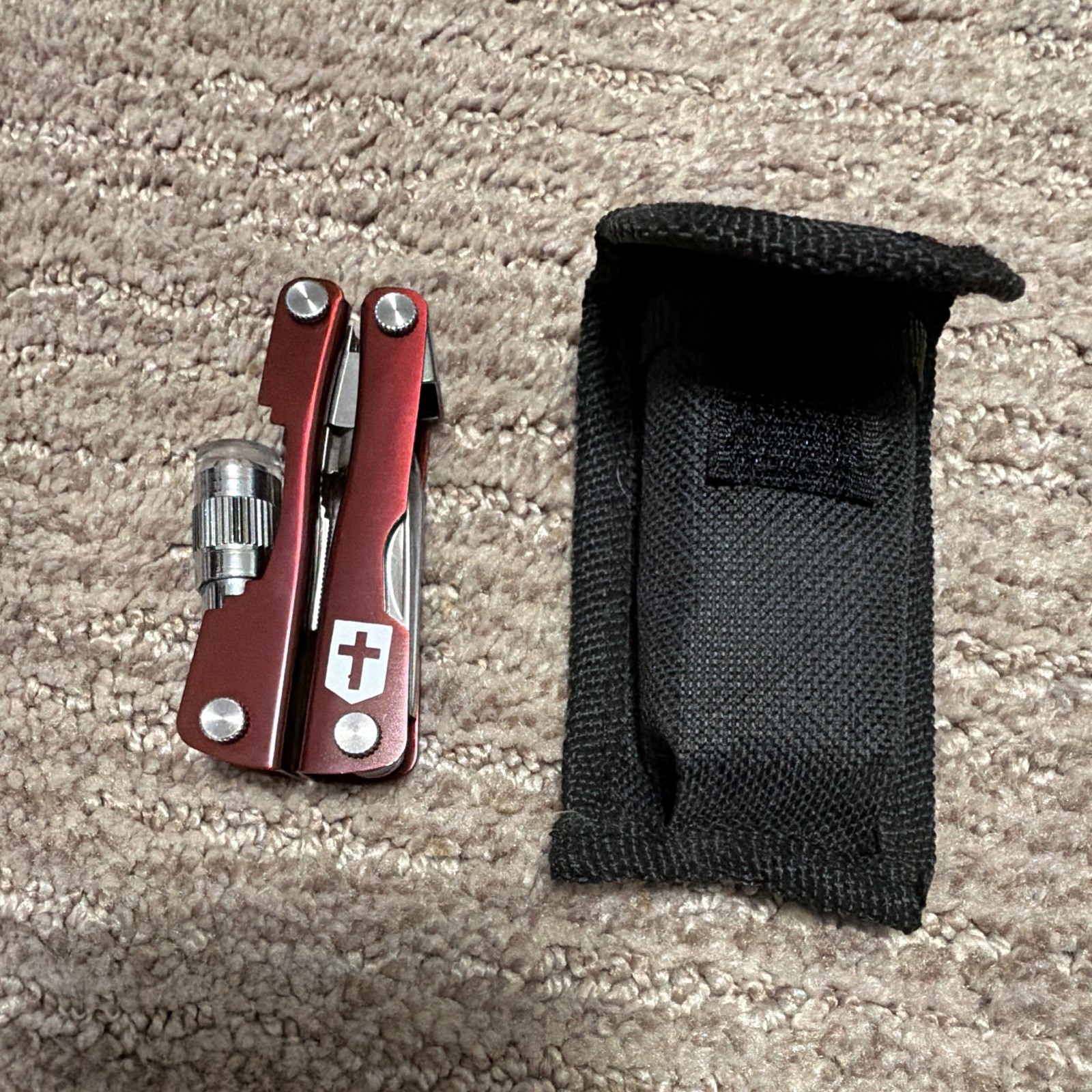Red 6-Tool Metal Multi-Tool Serrated & Straight Edge, Pliers, Knife, Sheath