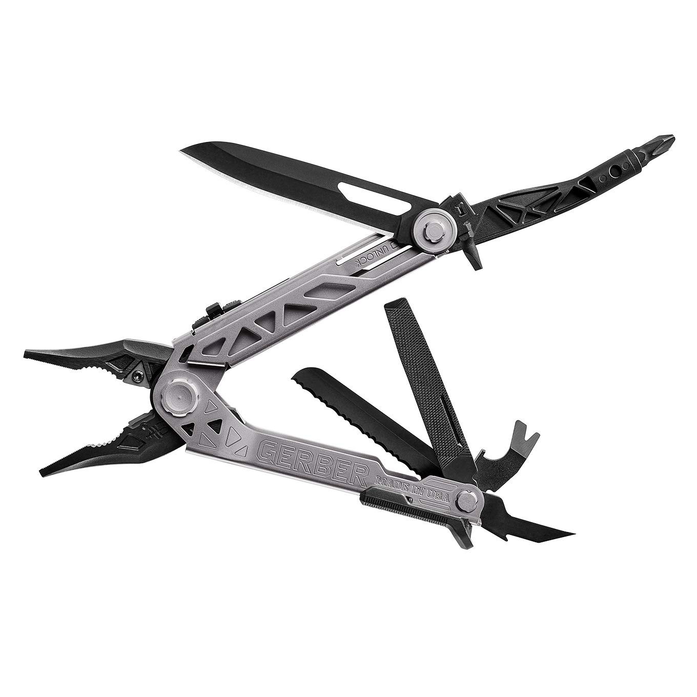 Multitool Center Drive Pliers Knife Pry Bar Bottle Opener Awl Silver Black Gear
