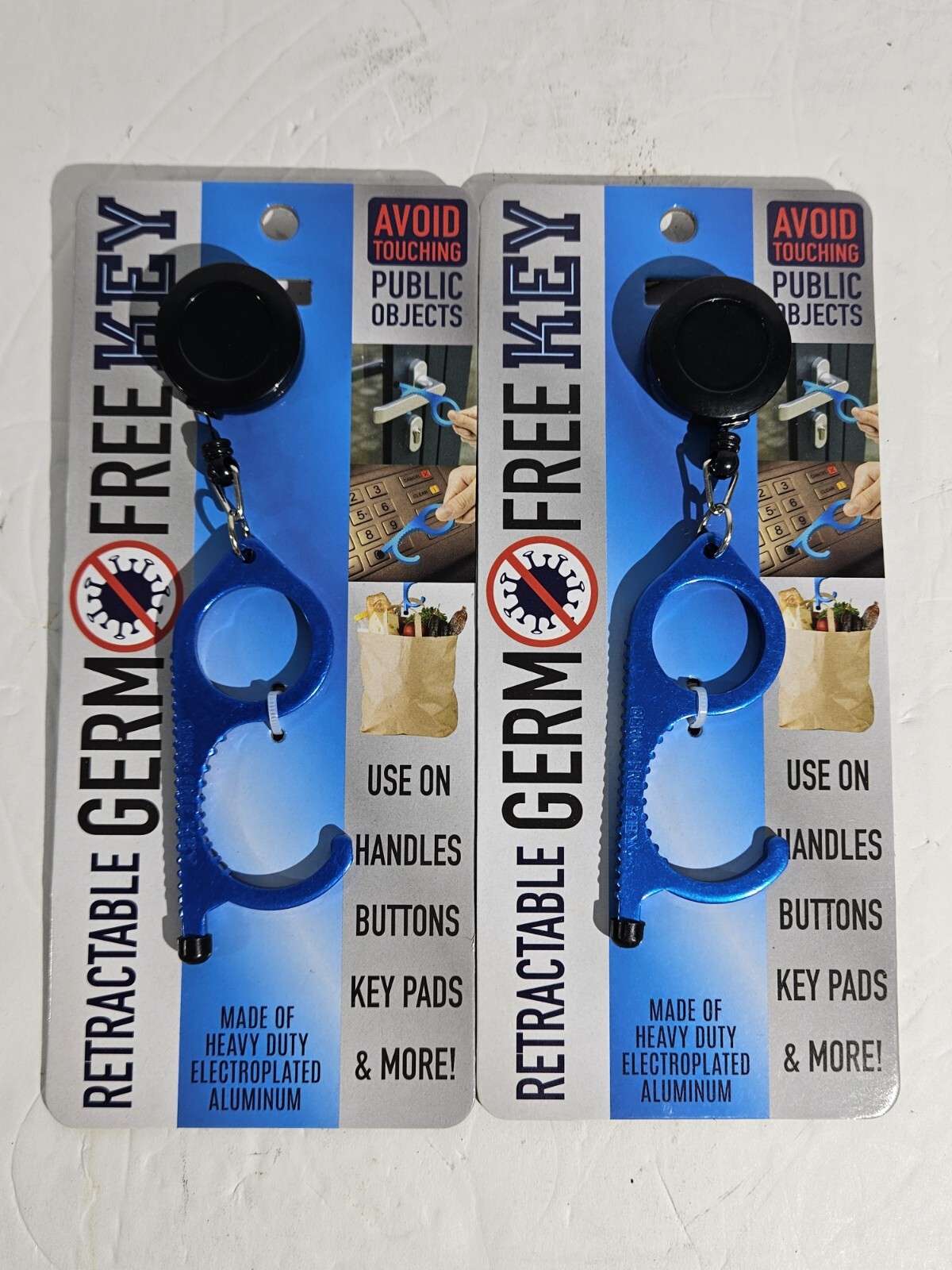 2 Pack of BLUE Retractable ALUMINUM Keychain Muti Tool Germ Free KEY MULTI TOOL