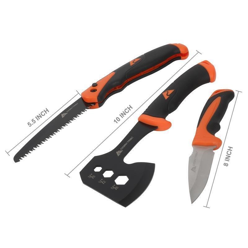 7-Piece Camping Tool Set Hammer Axe Flashlight Knives Battery Included New