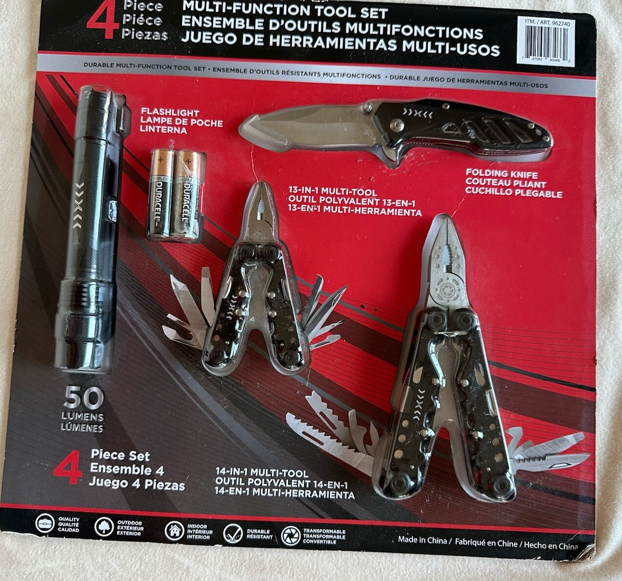 FOUR PIECE 14IN1 & 13IN1 MULTI-FUNCTION SNAP TOOL SET FOLDING KNIFE FLASHLIGHT