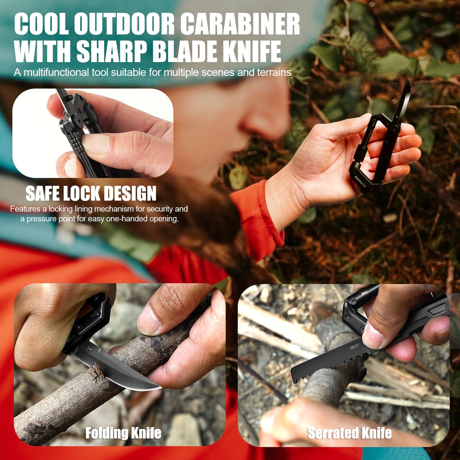 Carabiner Multitool 8-in-1 EDC Carabiners Pocket , Serrated , Rope Cutter, Sc…