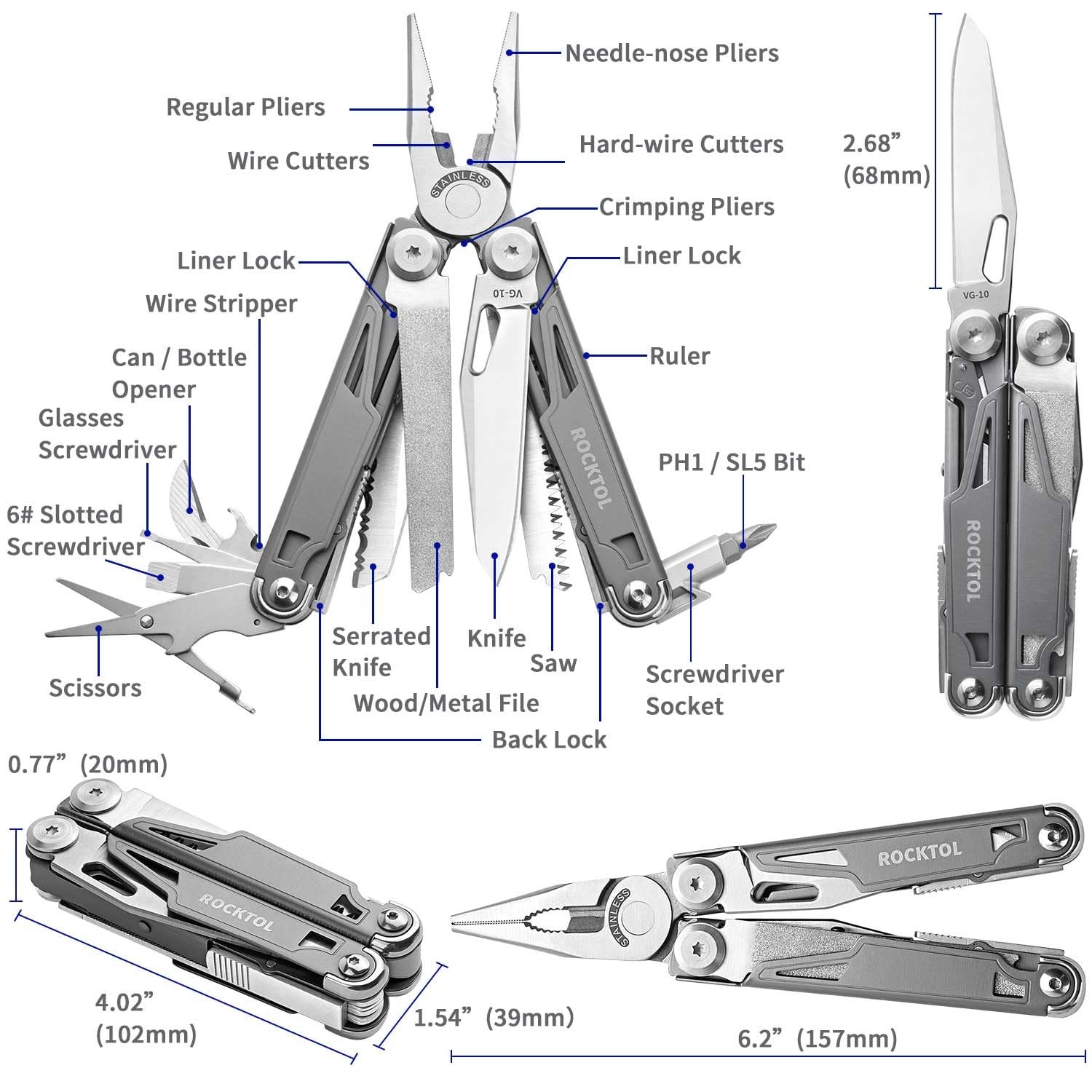 Multitool SK02, VG-10 Knife,19-in-1 Multi-tool Pliers with Titanium-plated Ha…