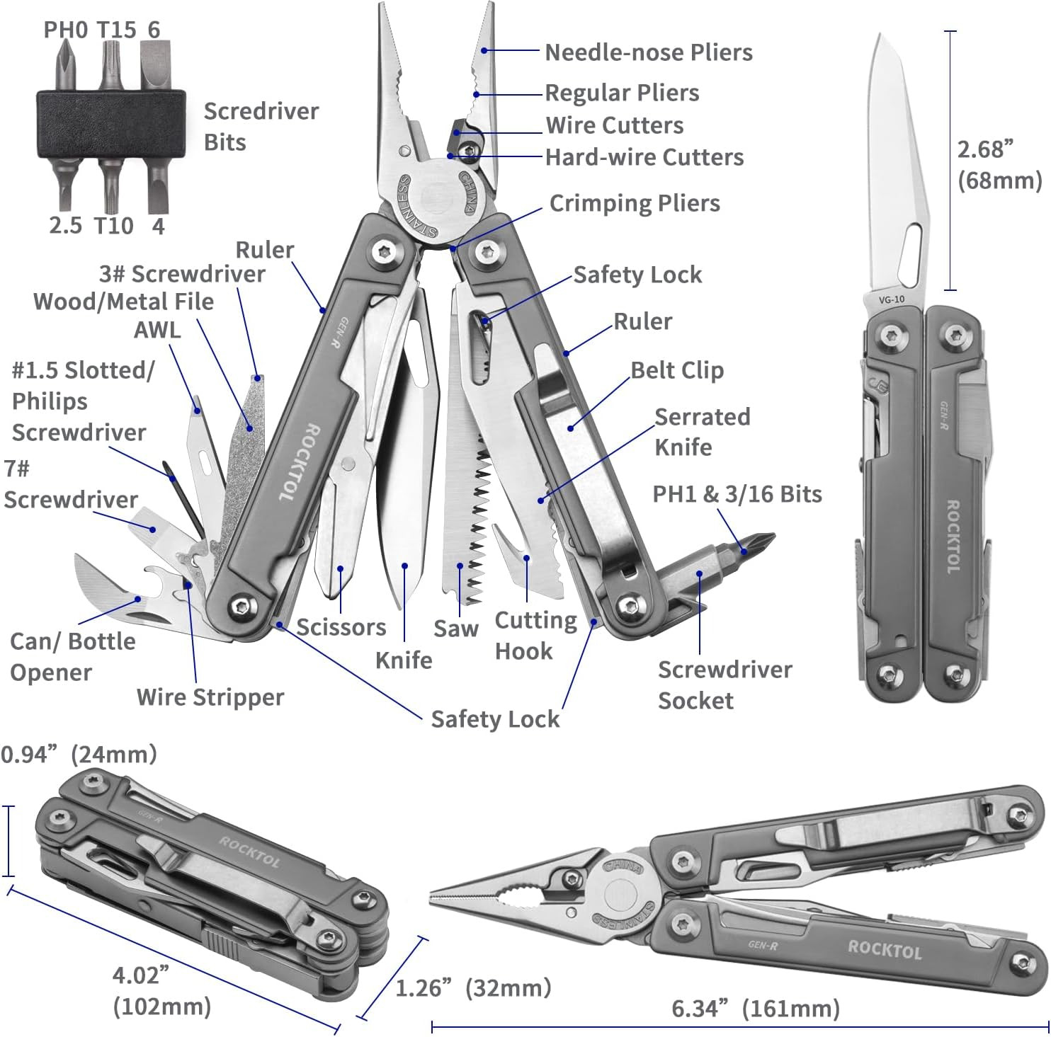 Multitool Pliers, EDC Multitool Pocket Knife VG10 Blade, 27-In-1 Multi-Tool with