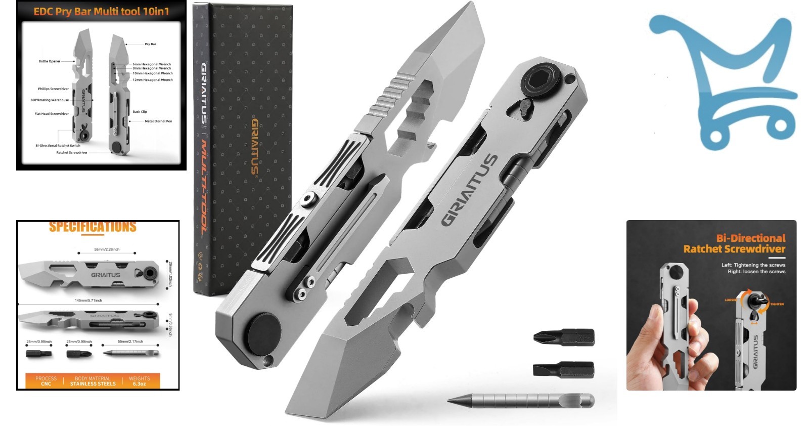 Multi-Tool Pry Bar Stainless Steel 5.71-Inch Versatile EDC Camping Accessory