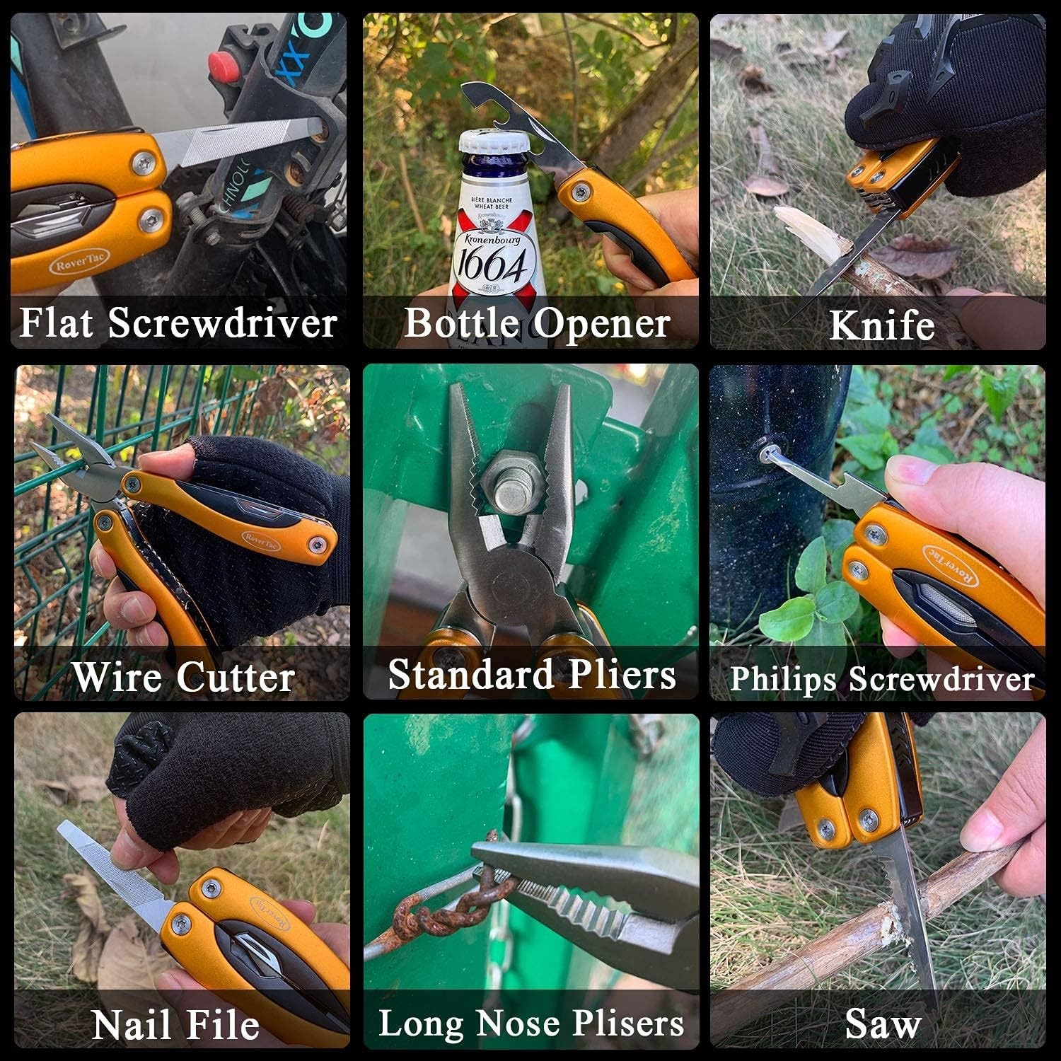 RoverTac 14 In 1 Multitool Pliers Knife Screwdriver Bottle Opener Saw Camp Fish