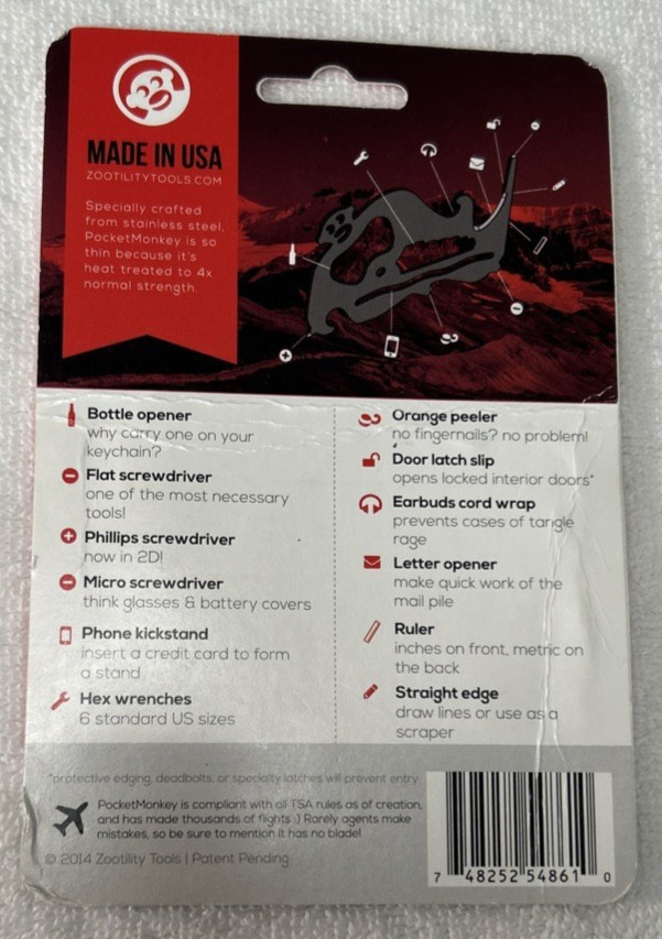Pocket Monkey The Really Really Thin Multi Tool 12 Function Zootility USA MADE!
