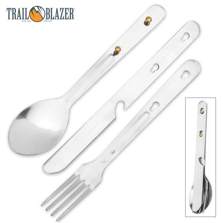 TRAIL BLAZER 3pc CAMPING UTENSIL SET KNIFE FORK SPOON W/ CLEAR PLASTIC POUCH NEW