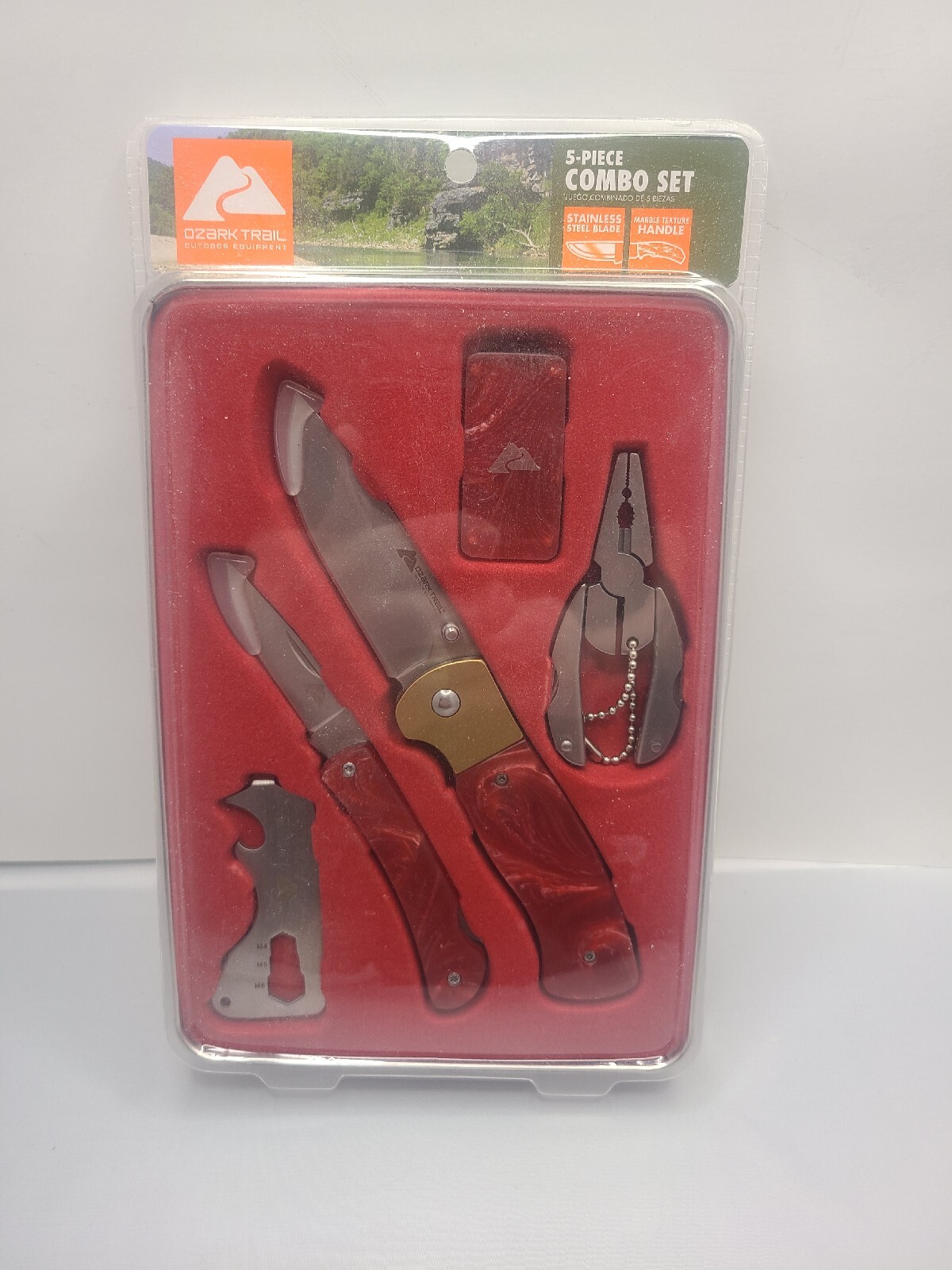 OZARK TRAIL 5 Pc COMBO SET 2 Knives Multi Tool Money Clip Pliers Metal Tin NEW